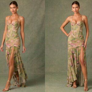 Oh Polly Haruna Ruched Asymmetric Corset Gown in Floral 0